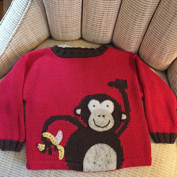 Red Cotton Knit Sweater w/ Monkey Appliqué Sz 4/5 - Picture 1 of 9